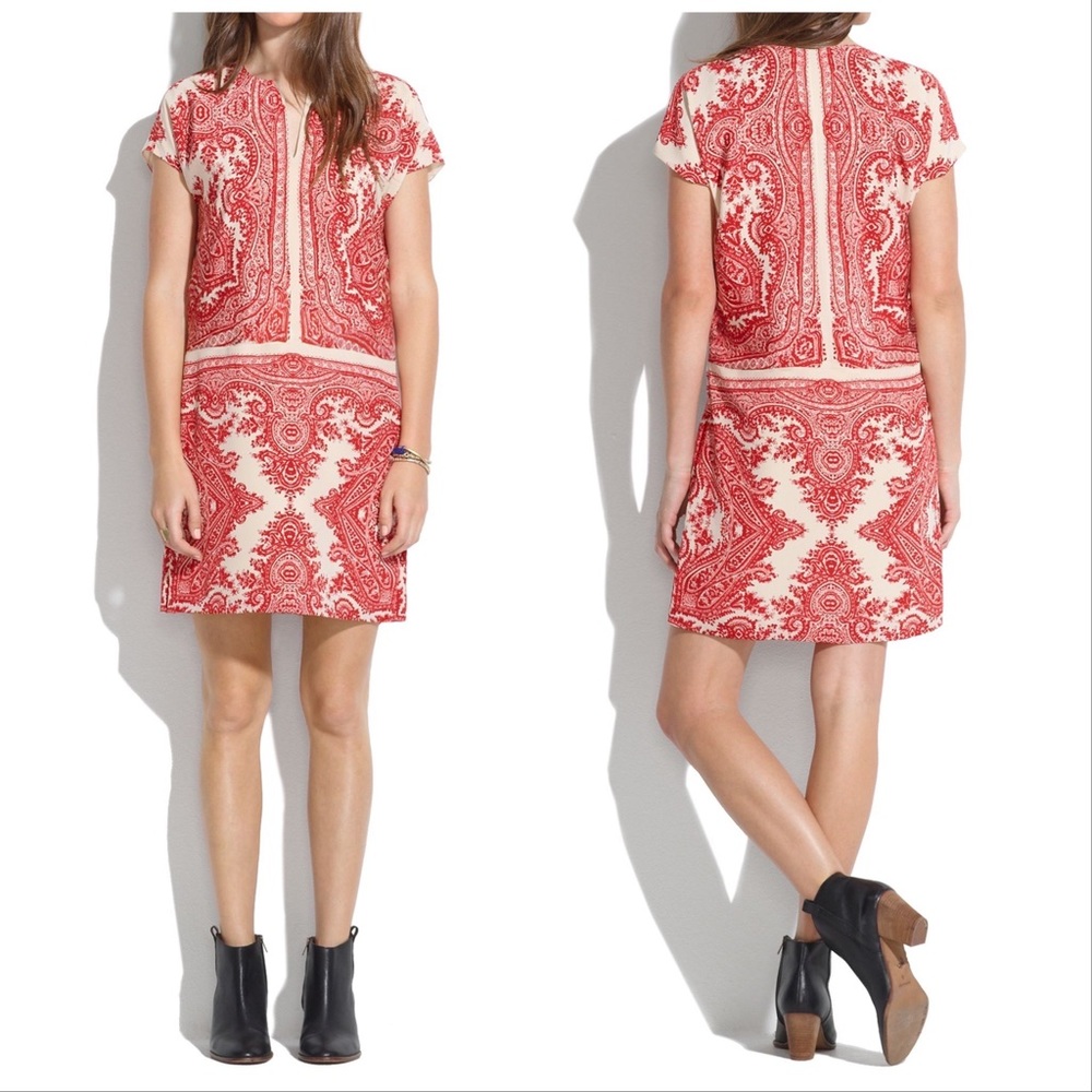 Madewell Red and cream 100% Silk Paisley Tunic Dress Fully Lined Size XS